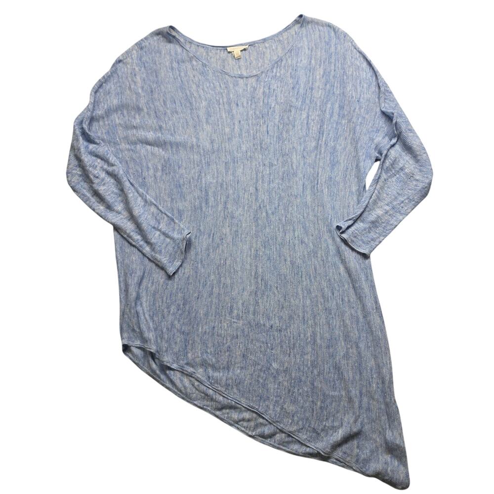 Eileen Fisher 100% Linen Asymmetric Tunic Sweater Top XL Blue Melange